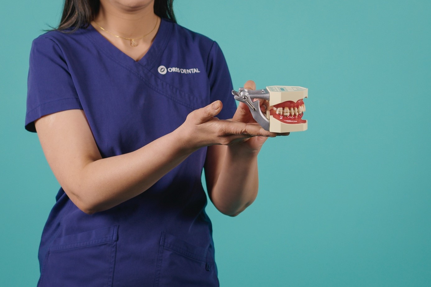 Esha Katyayen, spesialist i periodonti hos Oris Dental, holder frem en modell av tenner for å vise hvordan tannkjøttsykdom i tannkjøttet påvirker munnen.